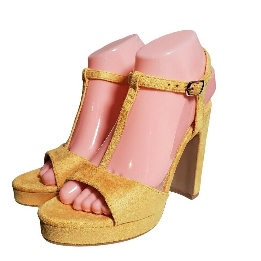 Olivia Miller Womens Yellow Open Toe T Strap Block High Heels Sandals Size 7.5
